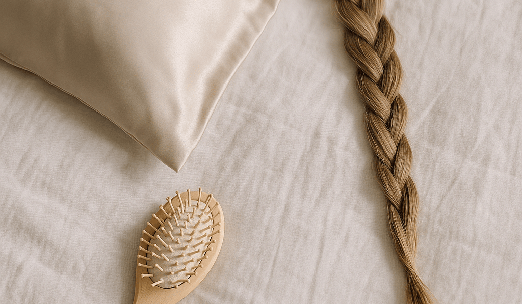 silk pillowcase with braid and wooden hairbrush on bed to reduce friction and hair breakage