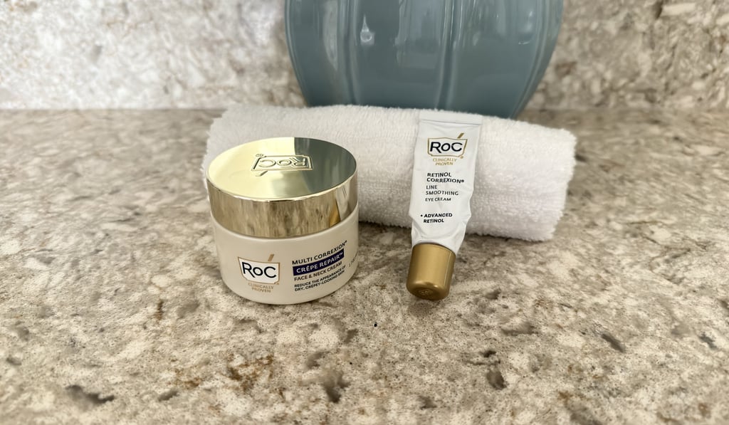RoC Eye Cream and RoC Crepe Repair with white washcloth on counter, nightly firming skincare routine