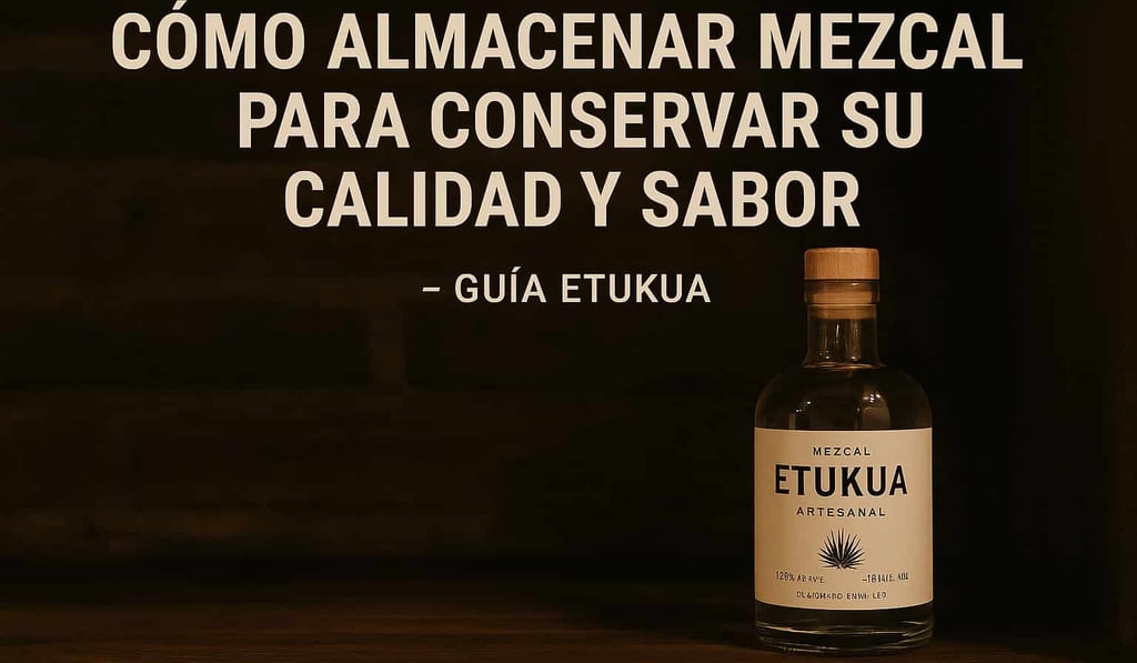 Botella de mezcal artesanal Etukua correctamente almacenada en una barra oscura y fresca, lejos de l