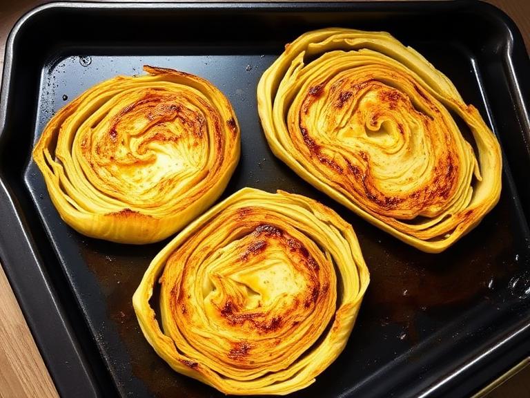 Golden-brown roasted cabbage steaks on a black baking sheet straight from the oven, with caramelized