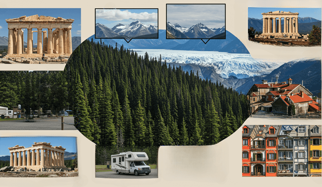 travel scenes from Greece, Alaska, Mexico, and US RV parks emphasizing benefits of adaptable travel 