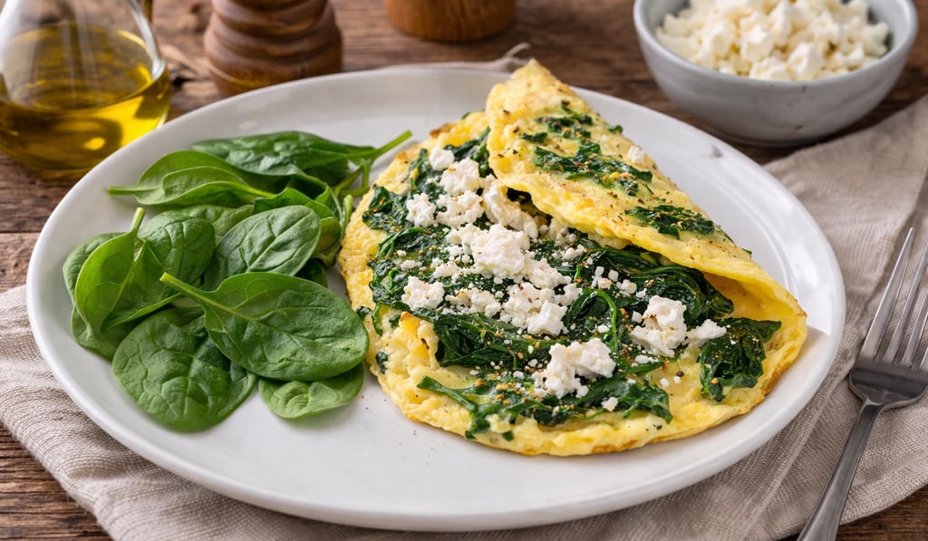 Tortilla de espinacas con queso feta, desayuno saludable bajo en carbohidratos rico en proteínas y h