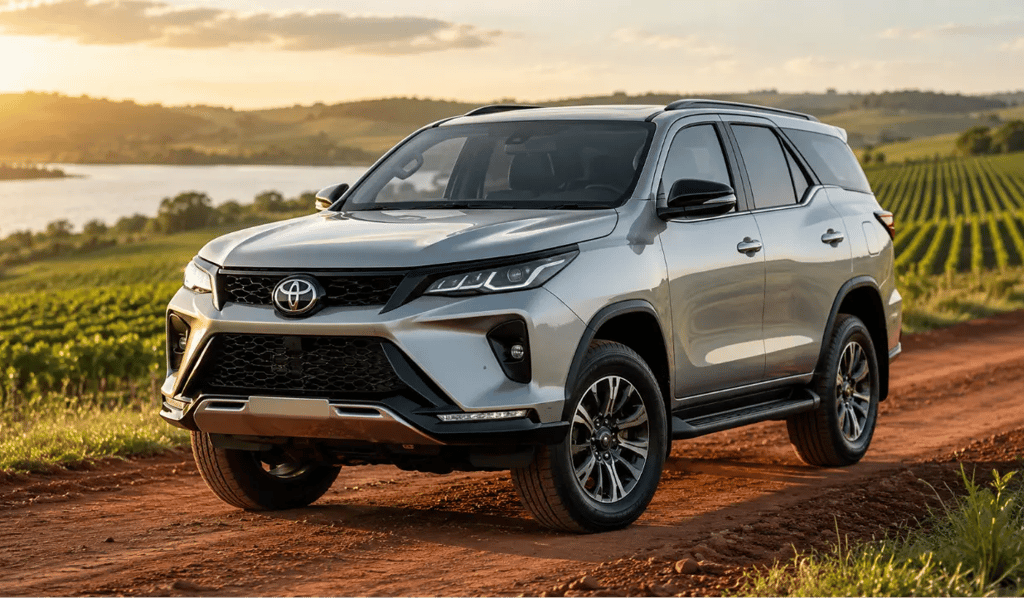 Toyota SW4 Diamond em estrada de terra com plantação e lago ao fundo