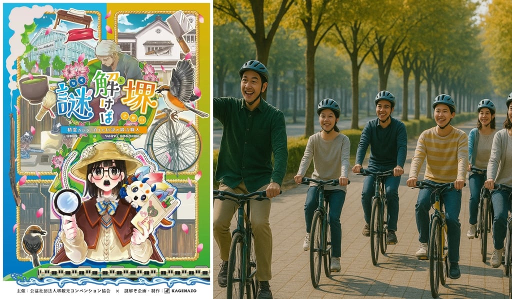 堺のまちなかを自転車で巡る謎解きイベント「謎解けば堺」のポスターと参加者が楽しそうに走る様子のイメージ画像｜堺市のニュースならサカイタイムズ