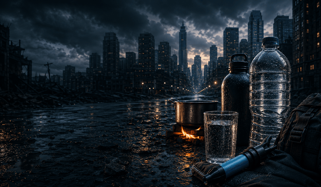 Survival gear with water purification tools and a cooking pot over a fire in a dark post-apocalyptic city.