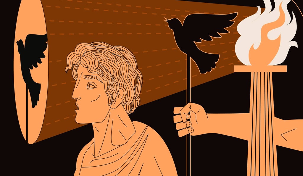 A image of a man looking at a shadow of a bird casted by a flame behind him by a hand holding a bird