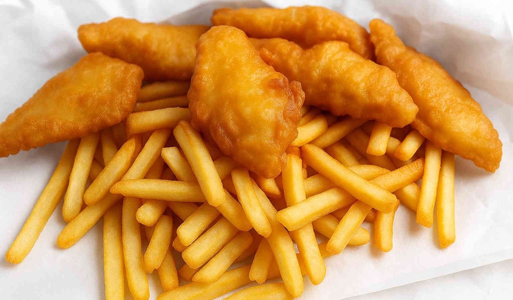 5 pieces of battered fish with chips on white paper