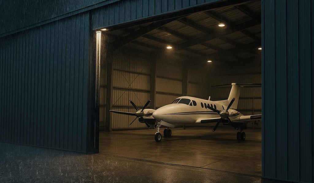 twin engine aircraft inside a hangar during heavy rain at night