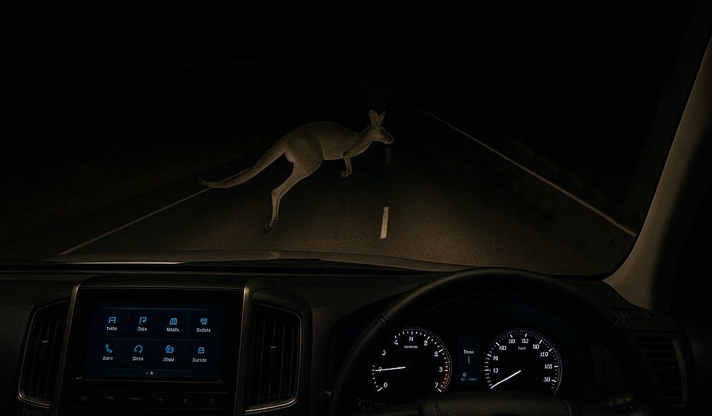 kangaroo jumping across road in front of vehicle at night