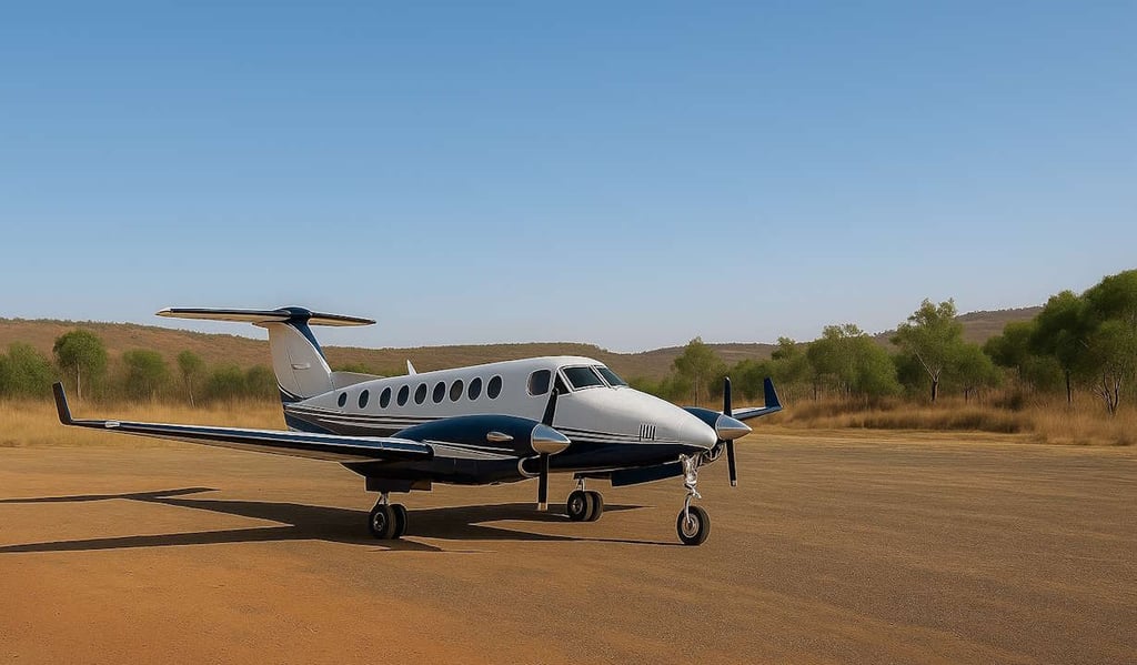 twin engine aircraft stopped on airstrip in the outback