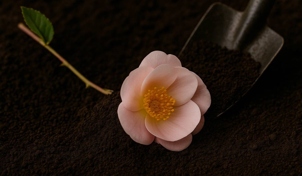 a pink wild flower in bloom laying next a small shovel