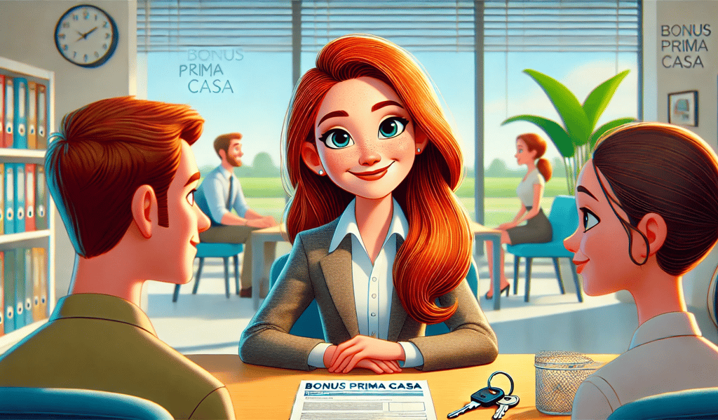 Donna seduta alla scrivania che consegna le chiavi di una casa con il documento 'BONUS PRIMA CASA' in un ufficio cartoon. 