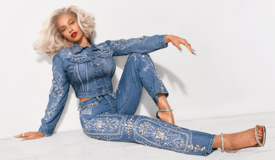 Beyoncé wearing embellished denim from Beyoncé x Levi’s collaboration.