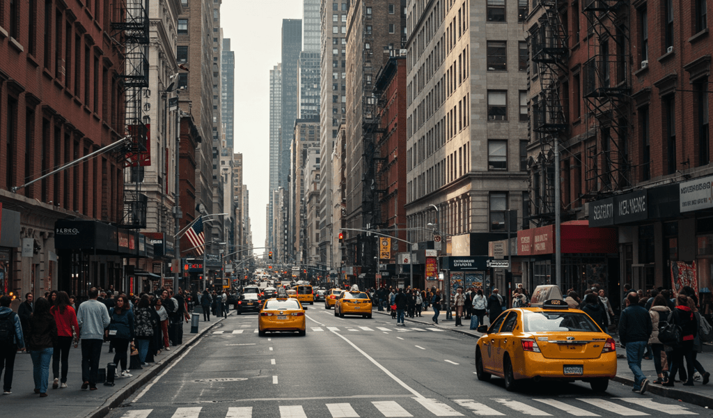 new york city with taxi cabs and people walking around in downtown