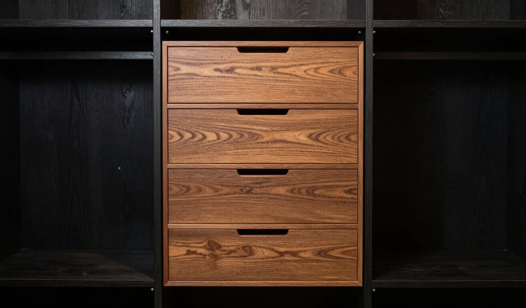 Straight-on architectural elevation of a bespoke black oak closet system, warm directional light highlighting grain-matched timber drawers and integrated shelving
