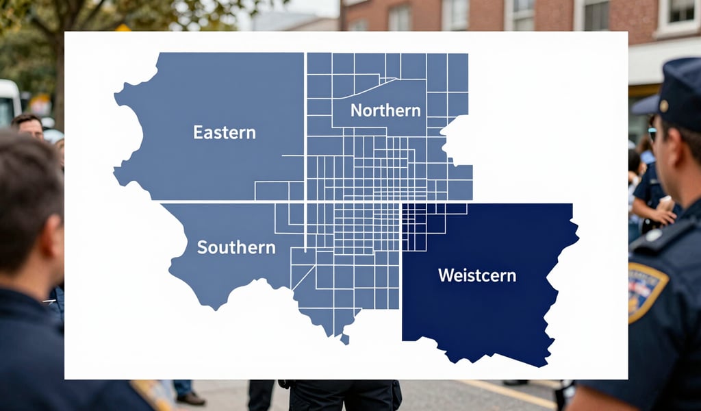 A clear, graphic map illustration of the city's four police districts in shades of slate blue and navy, with clean labels for Eastern, Northern, Southern, and Western sectors.