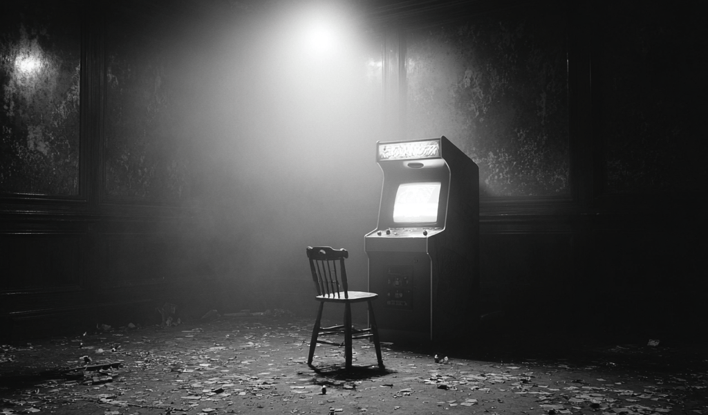 Vecchia sala giochi abbandonata con un misterioso cabinato arcade senza nome acceso al centro