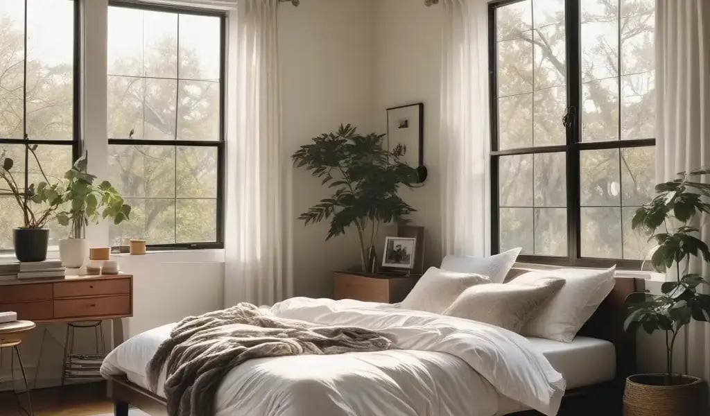 Cozy neutral color bedroom with plants