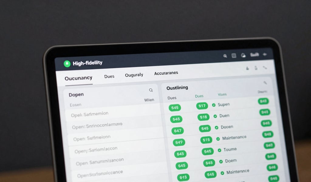 High-fidelity SaaS dashboard interface showing real-time occupancy rates, outstanding dues ledger, and open maintenance tickets with green active status indicators on a dark slate background.