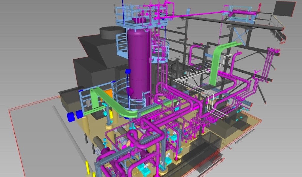 A 3D CAD model of an industrial facility with detailed pink and green piping systems and mechanical equipment.