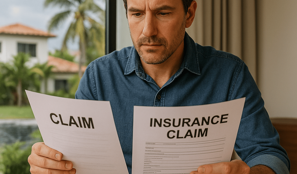 Homeowner in Punta Cana reviewing insurance claim documents after a storm