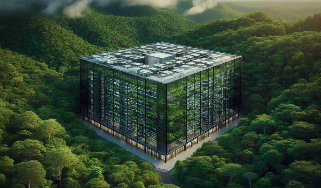 A monolithic glass cube structure featuring integrated internal vertical gardens.