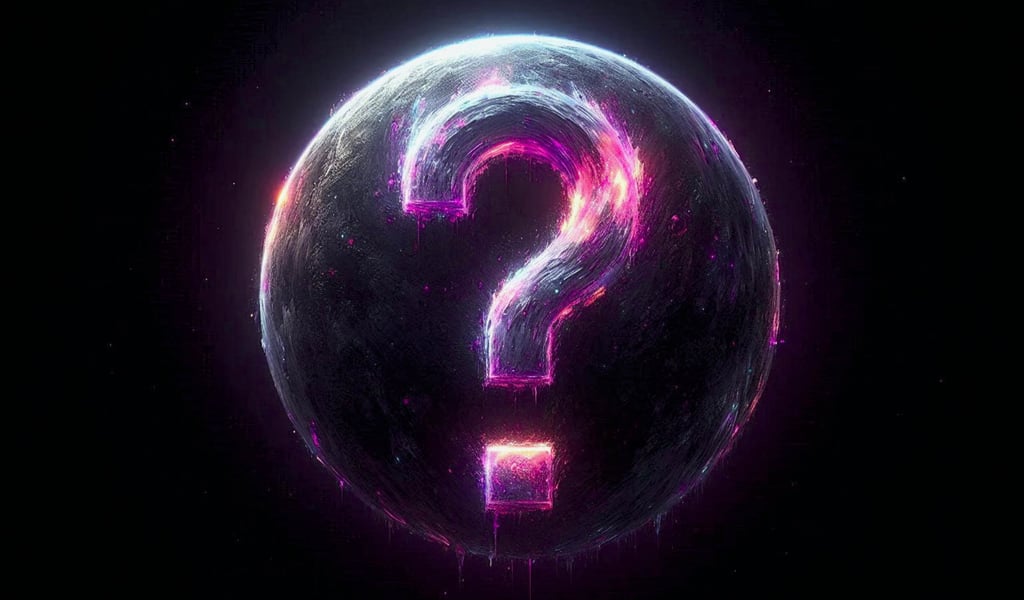 A dark, textured cosmic sphere floating in deep space, featuring a glowing question mark.
