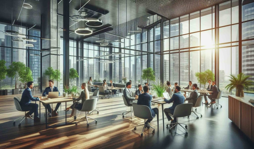 People in business suits working inside a spacious, sunlit modern office building.
