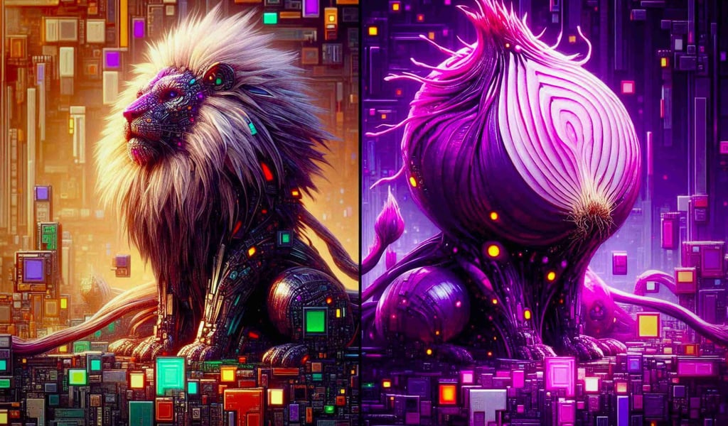 A side-by-side comparison of a cybernetic lion and a purple digital onion creature, brave and tor.