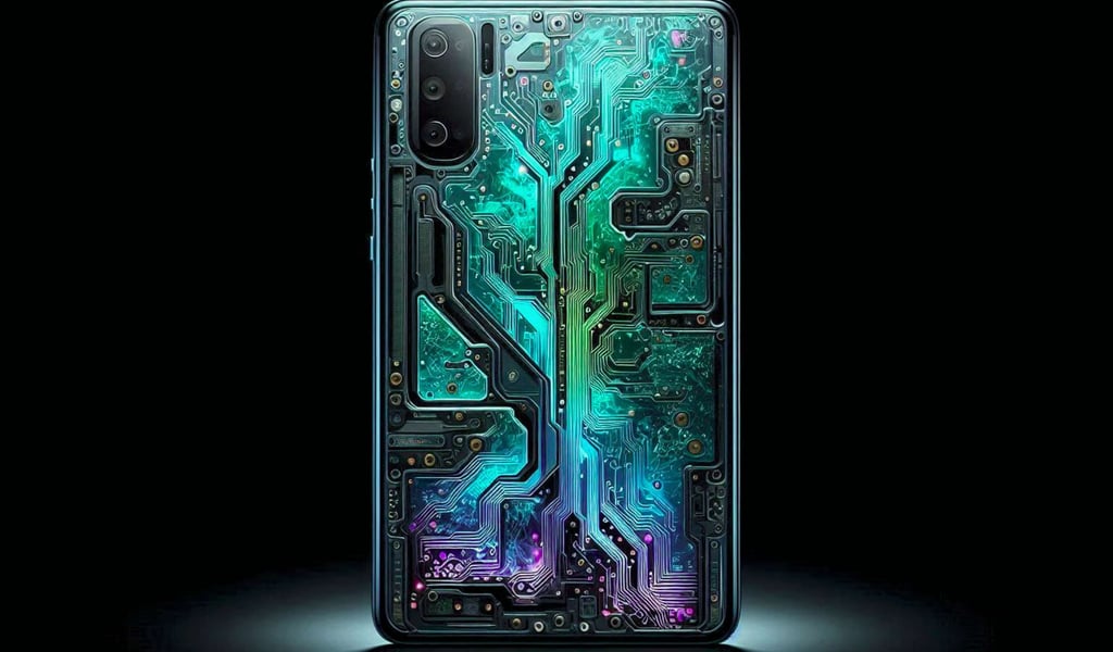 A smartphone with a transparent back casing revealing glowing cyan and violet circuit boards.