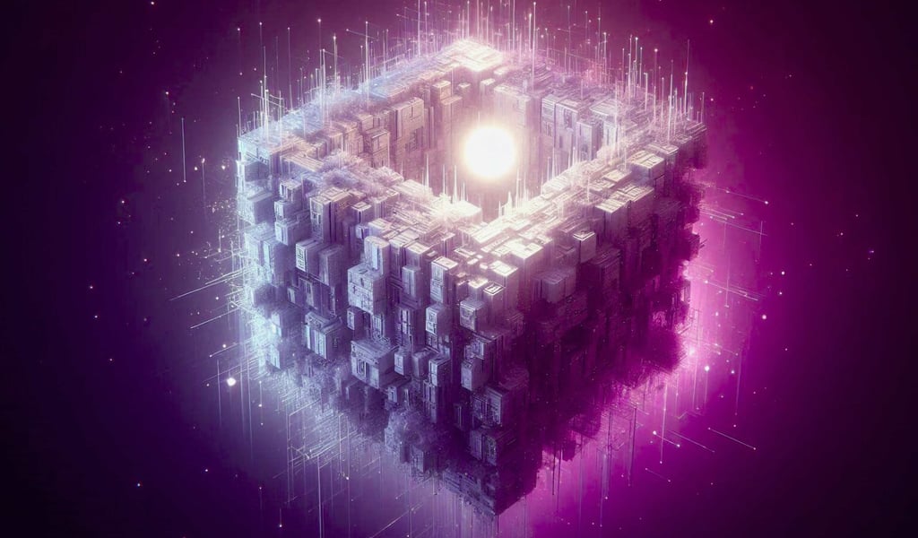 A complex, floating technological cube node emitting a bright central light source.