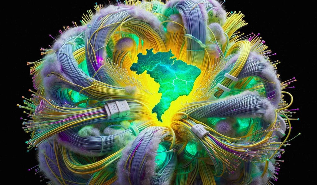 A glowing green map of Brazil surrounded by intertwined fiber optic cables.