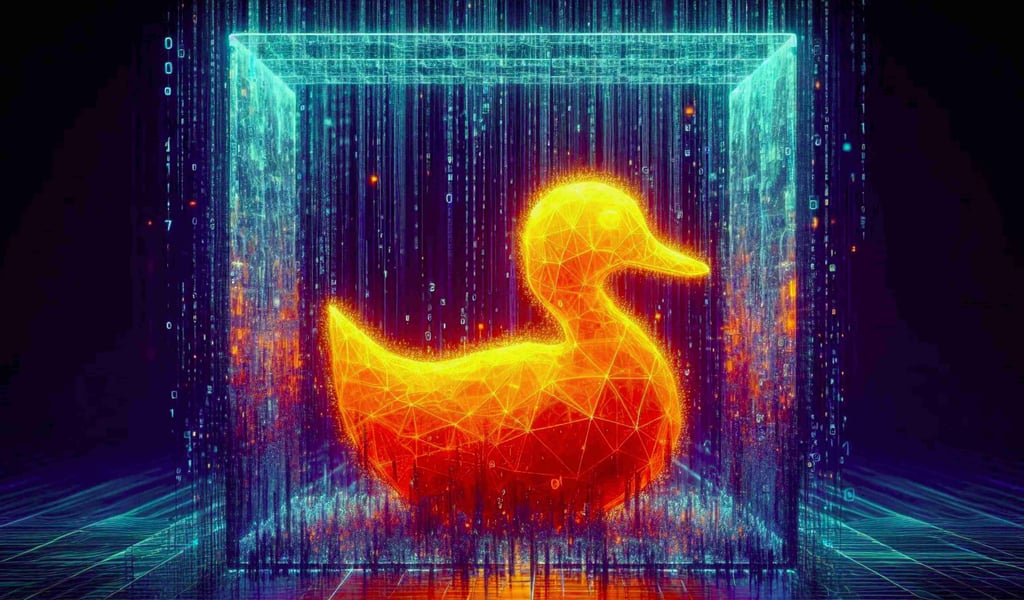 A wireframe, glowing orange digital duck enclosed within a translucent cybercube.
