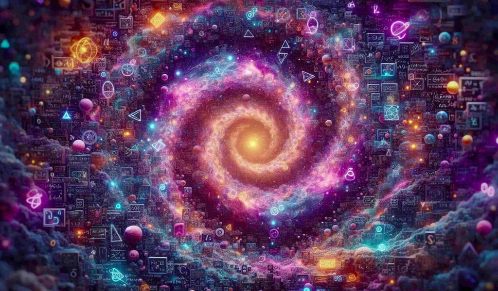 A vibrant digital galaxy swirl filled with floating mathematical formulas and cosmic symbols.