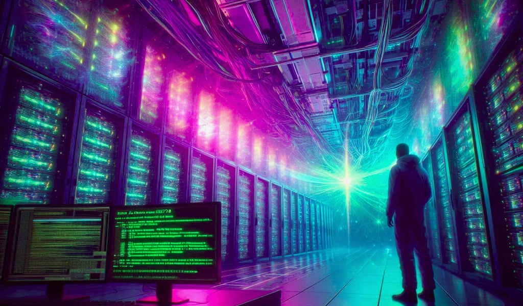 A person standing inside a futuristic server room filled with glowing neon data racks.