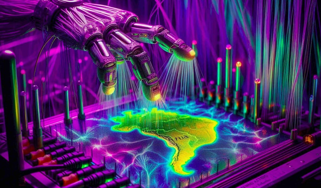 A robotic hand emitting thin light beams over a glowing digital map of South America, Brazil.