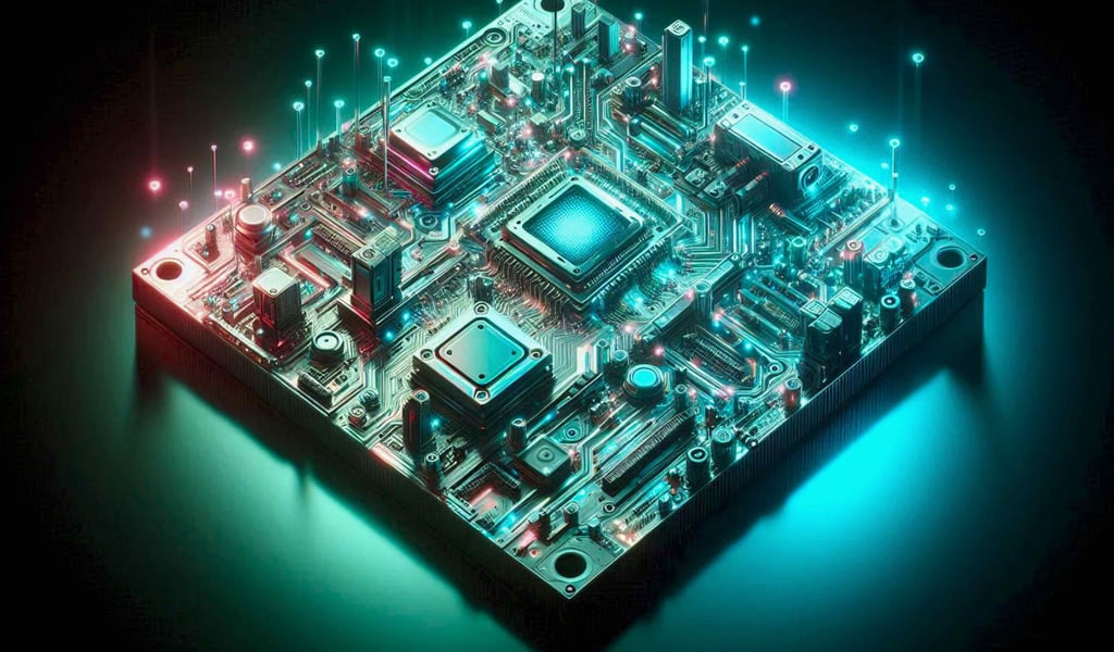 A glowing futuristic circuit board detailed with microchips and fiber optic pins.