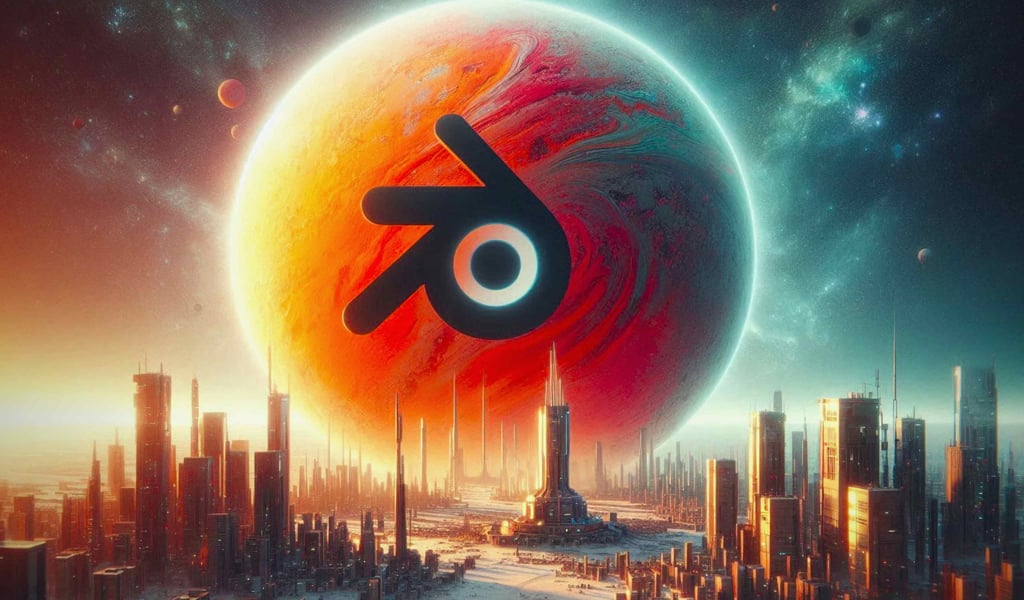 The Blender logo floating above a massive futuristic city with a giant planet in the background.