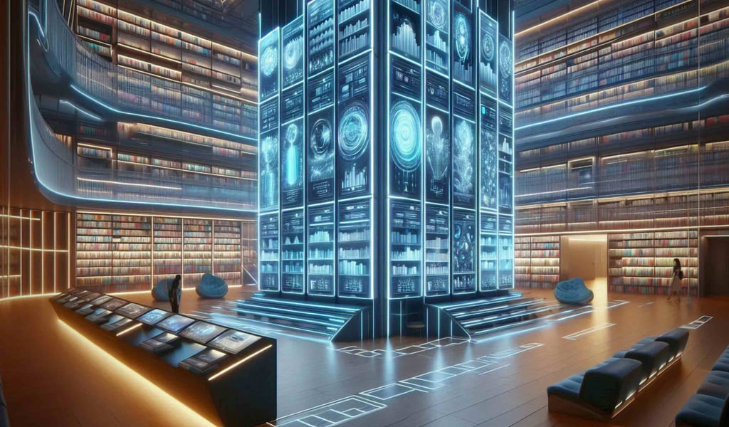 A massive modern library with a central pillar constructed entirely from glowing digital interface.