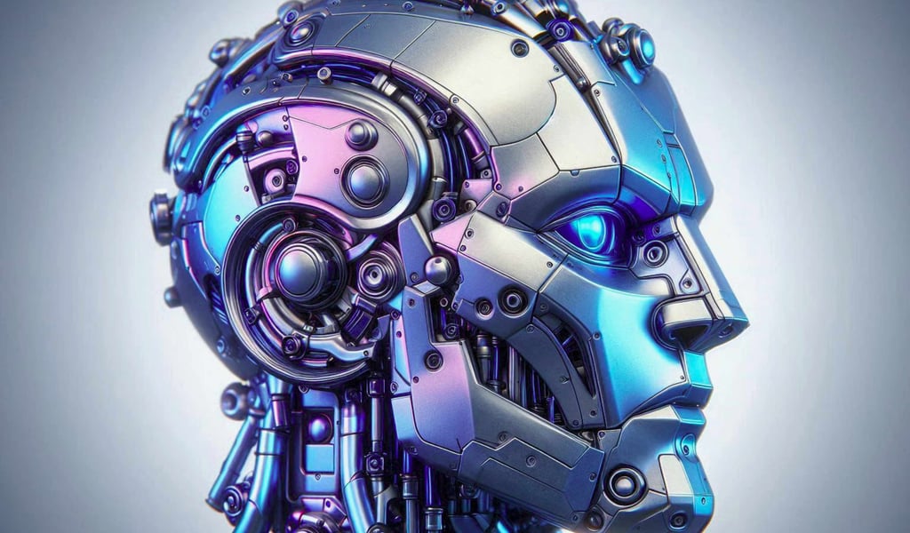 A profile view of a highly detailed mechanical humanoid robot head with a glowing blue eye.