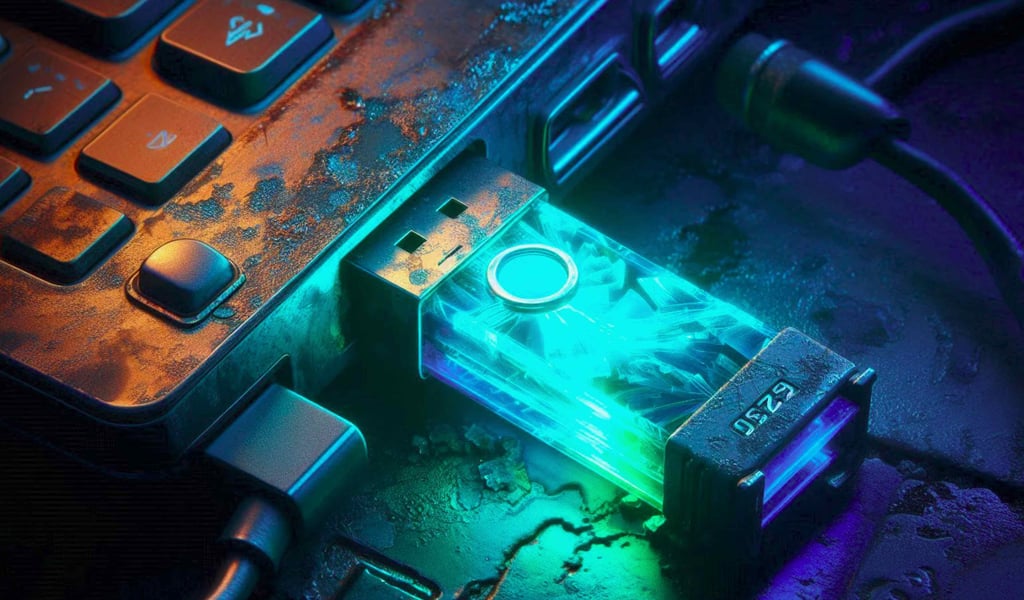 A glowing transparent USB drive plugged into a weathered laptop running Tails OS.