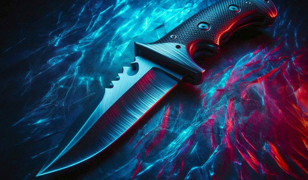 A tactical combat knife resting on a dark surface illuminated by blue and red neon lights.