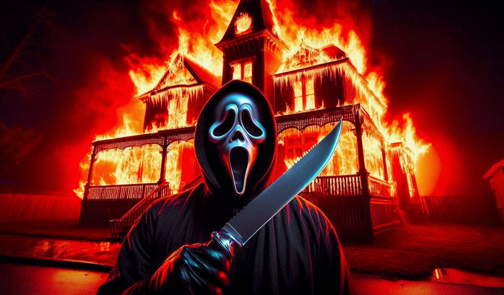 A person in a metallic ghost mask holding a prop knife in front of a house engulfed in flames.