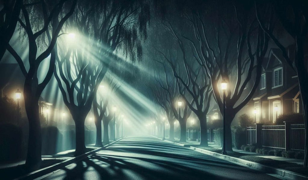 A misty, tree-lined residential street at night illuminated by eerie streetlights casting a street.