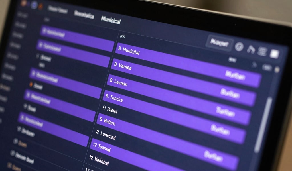 Extreme close-up of a dark-mode legal compliance dashboard, glowing purple status lines mapping local municipal codes to a project timeline, razor-sharp vector grids on an obsidian background.