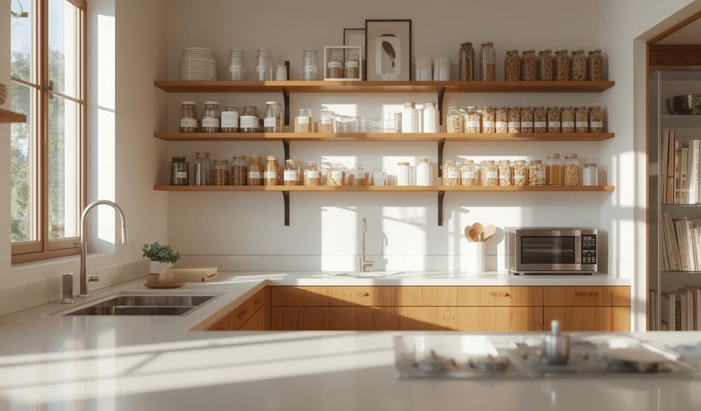 Bright modern kitchen with labeled jars, open shelves, and clutter-free counters.