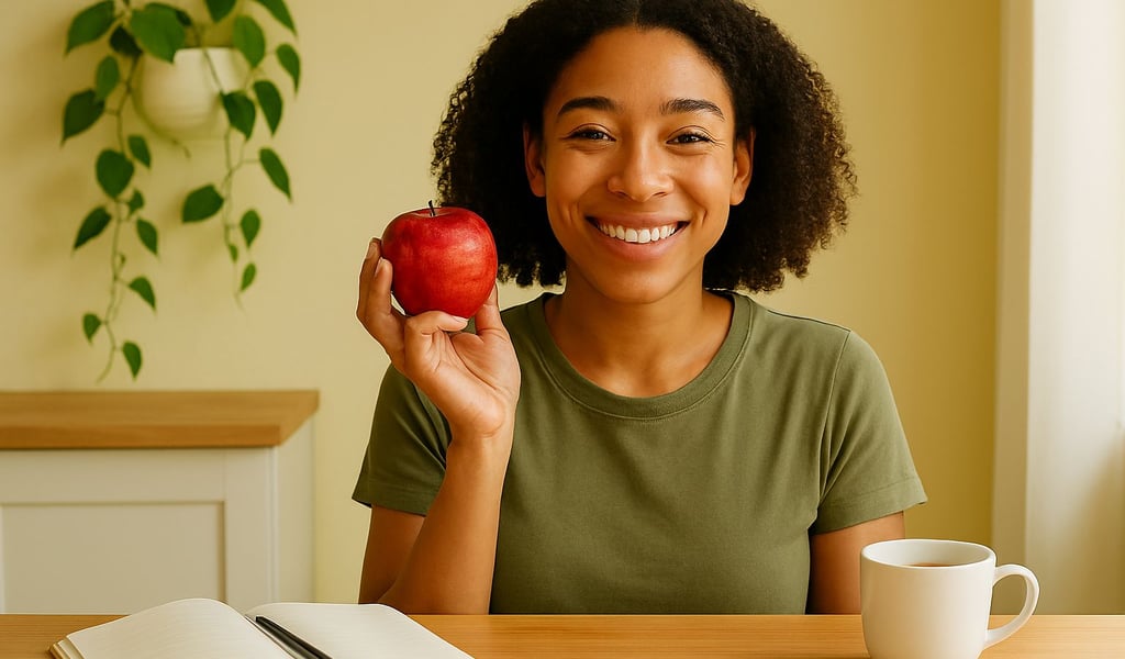 Pessoa sorridente com alimentos saudáveis para emagrecimento saudável e saúde emocional".