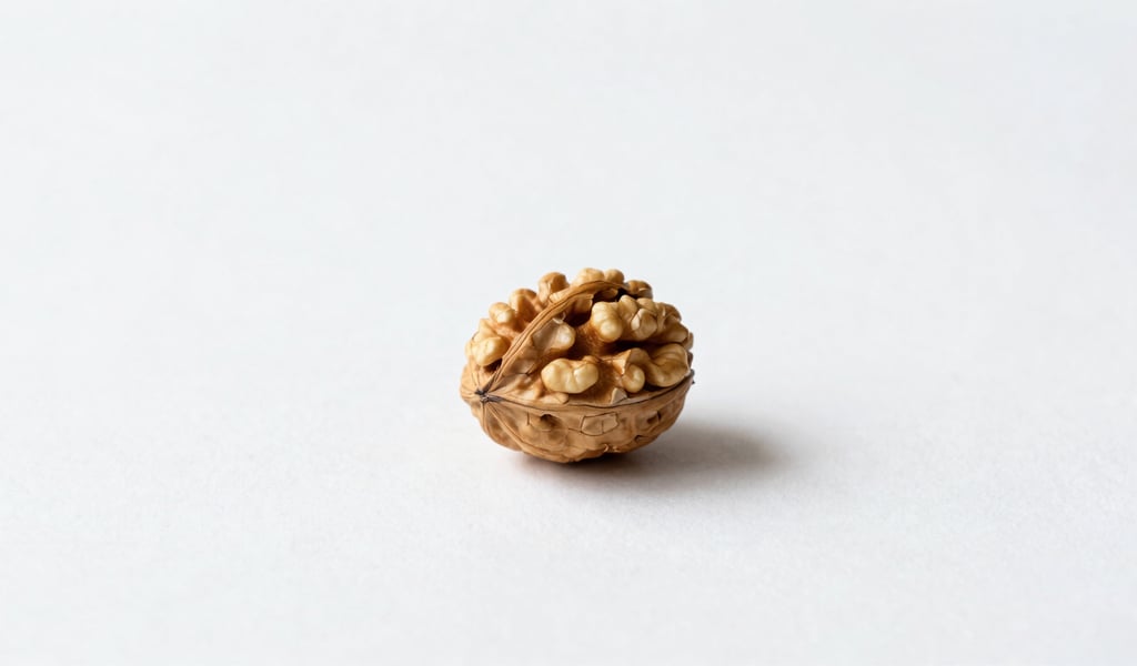 A single cracked walnut on a seamless pure white surface, soft natural daylight, sharp focus, casting a delicate soft shadow, minimalist conceptual composition.