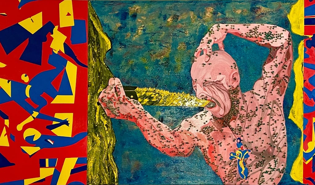 Surreal abstract oil painting of a man consuming a golden saw with vibrant red and blue geometric patterns.