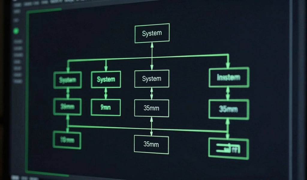 Sleek tech photography of a clean system architecture blueprint on a dark screen, neon green accent lines, sharp focus, 35mm